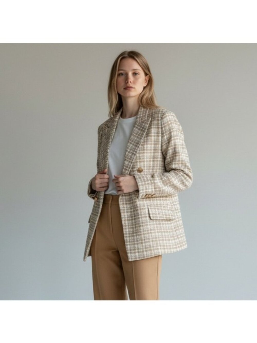 Attitude Unknown Womens Tan Plaid Double-Breasted Tweed Blazer Size L